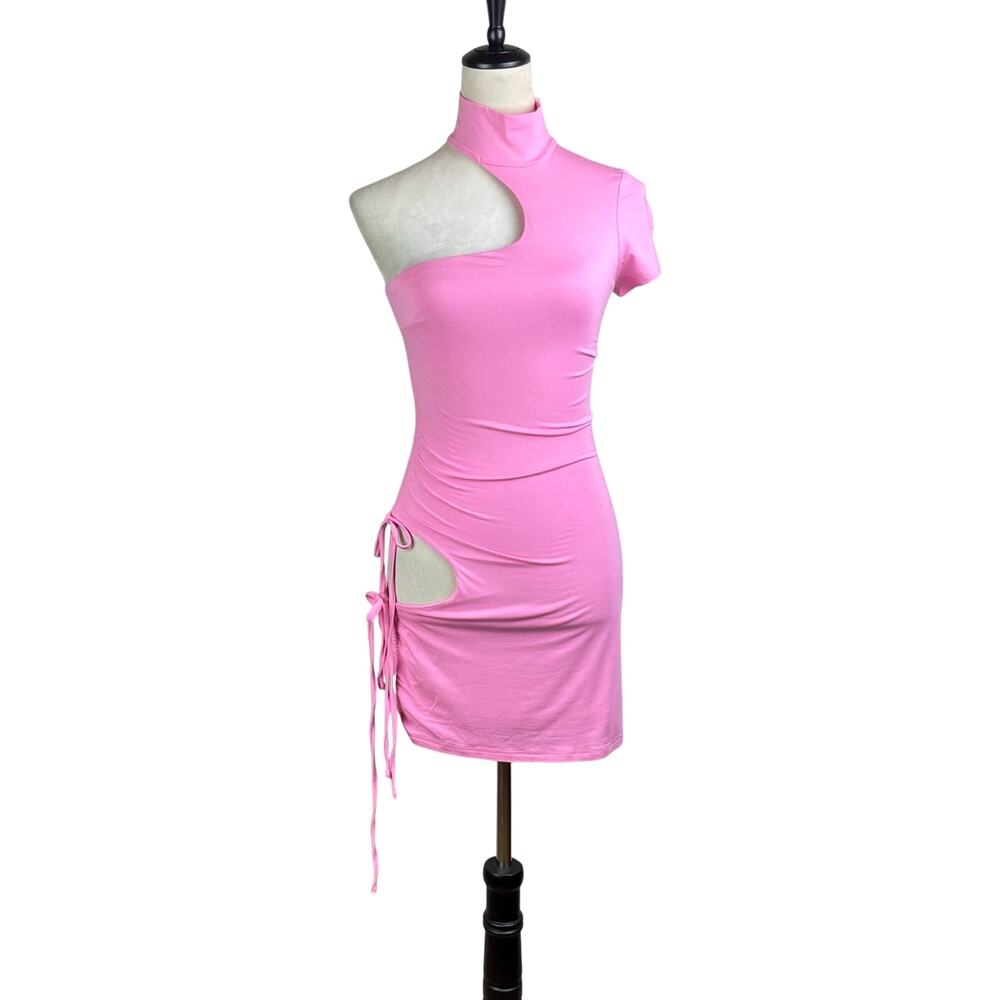 I.AM.GIA. NWT Pink Bamboo One Shoulder Cut Out Ruched Bodycon Mini Dress